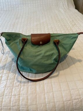 Longchamp Green Le Pliage Tote Medium Nylon Leather Trim Shoulder Bag